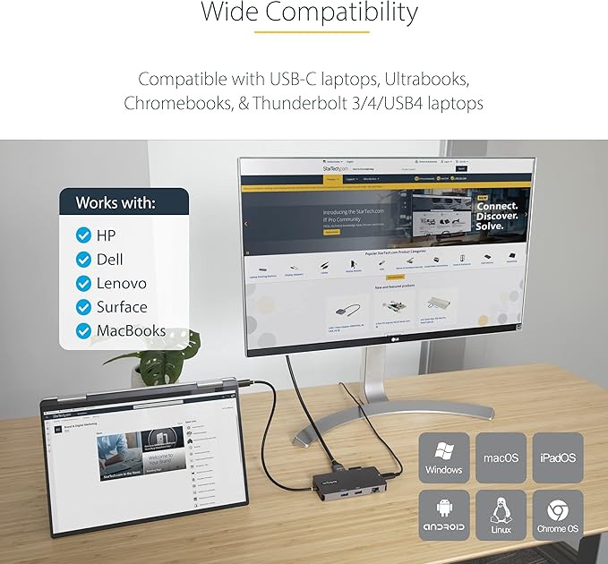 StarTech.com USB-C Docking Station for Windows, ChromeOS and Ubuntu, Dual 4K 60Hz HDMI Video, HDR10, USB 5Gbps Hub, 100W Laptop Charging, GbE, SD, MicroSD