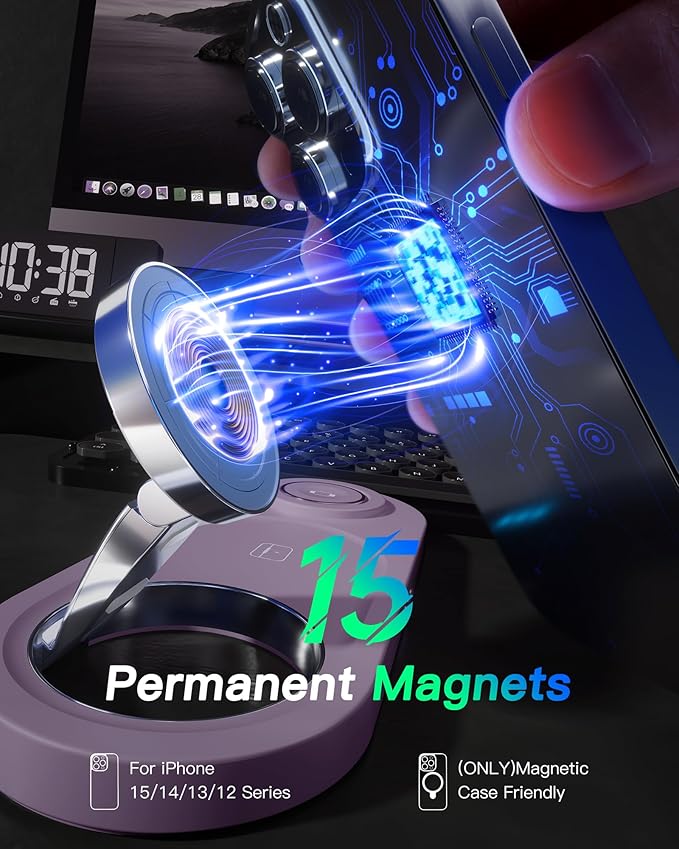 Upgraded 3 in 1 Wireless Charging Station for Apple Devices, Faster Mag-Safe Charger Stand, Magnetic Charger Station for iPhone 17/16/15/14/13/12 Series & AirPods Pro & Apple Watch Series (Purple)