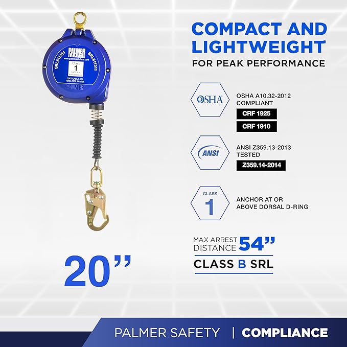 Palmer Safety SRD 20 FT. Self Retracting Lifeline I ANSI Z359.14-2021 Class 1 I SRL Device Swivel Top Galvanized Cable w/Small Steel Snap Hook I Fall Arrest Safety Yoyo