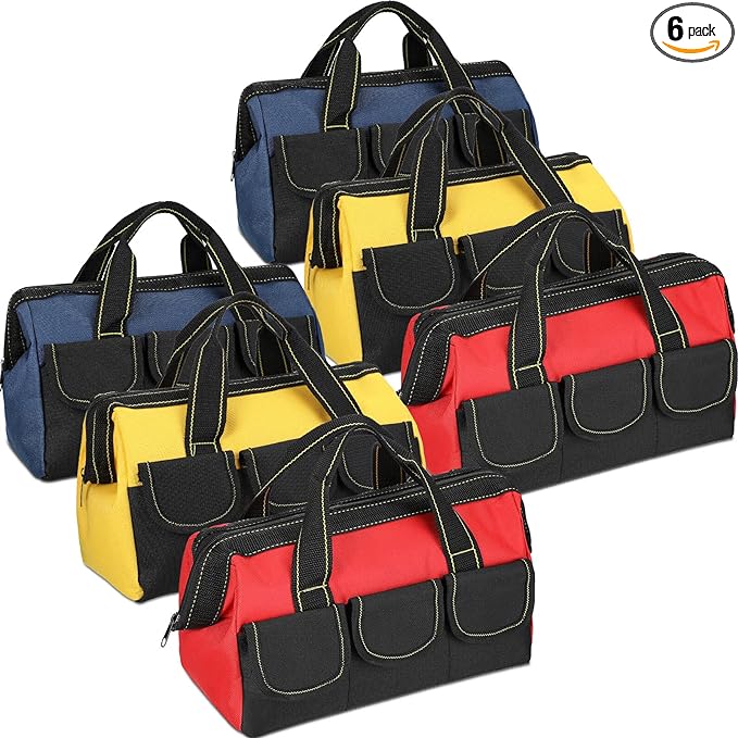 Silkfly 6 Pcs Tool Bag for Men Women Heavy Duty Tool Tote with Waterproof Hard Bottom Multi Pockets Large Mouth Organizer for Various Worker Electrician Carpenter Mechanic(Blue Red Yellow,16 Inch)