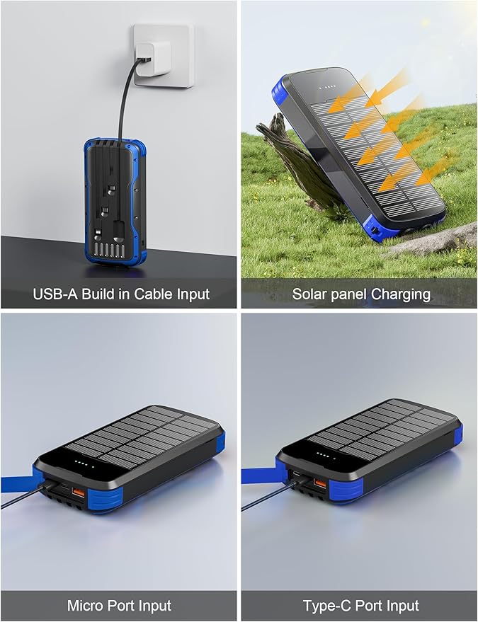 Solar Charger Power Bank, 40000mAh Portable Phone Charger Built in 4 Cables with USB C in/Output, PD 20W Fast Charging Portable Charger, External Battery Pack with Dual Bright Flashlights