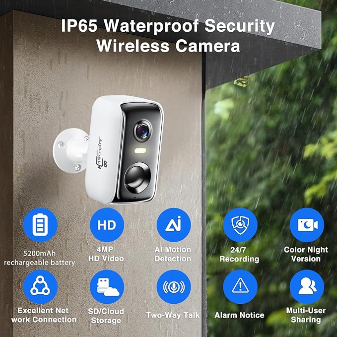 Security Cameras Wireless Outdoor,2K WiFi Cameras for Home Security,Battery Powered AI Motion Detection Surveillance Home Security Cam,Color Night Vision,2-Way Talk