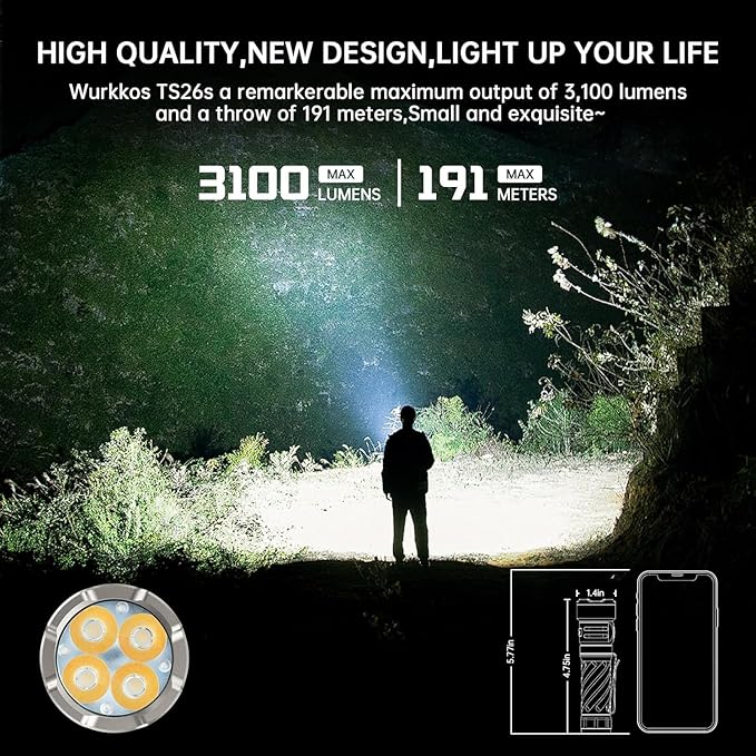 Wurkkos TS26S Rechargeable Flashlight,3100 High Lumens LED Flashlight 95CRI,Magnetic Tail Cap,191 Meters 5000K Boost Constant Current,IP68 Waterproof for Dog Walking,Camping,Emergency