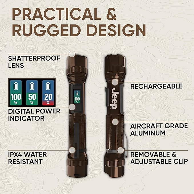 Energizer Jeep Power Indicator Rechargeable LED Flashlight, 1,000 Lumens, Rechargeable Flashlight with Trail-Ready Construction and Easy-to-Read Digital Power Indicator Display