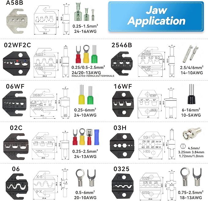 HKS Ratcheting Crimping Tool Set 12 PCS with Wire Stripper & Changeable Jaws for Dupont JST MOLEX - Open Barrel Terminals, Insulated & Non-Insulated Ferrules, Butt Connectors, Solar & Coax Connectors