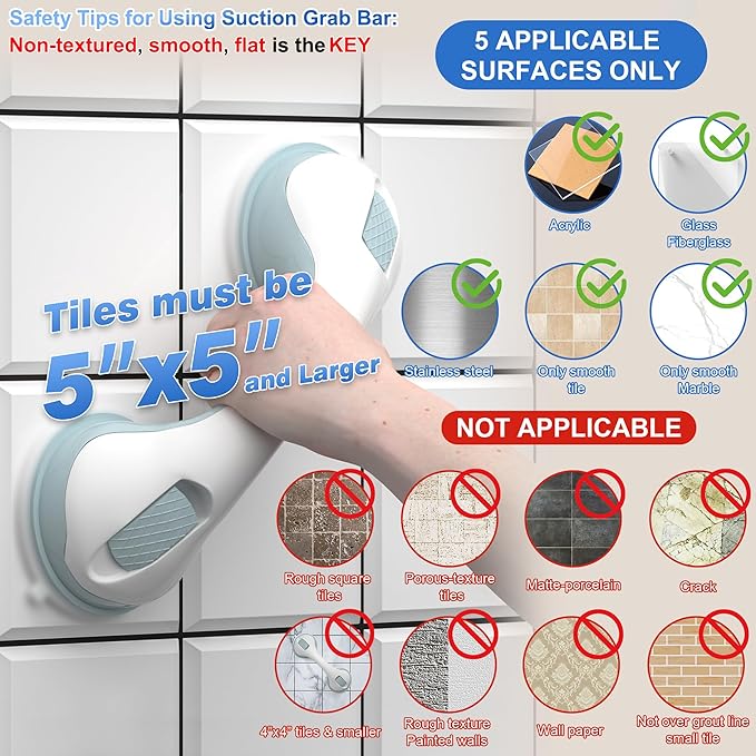 AirTight® Grab Bars for Shower Heavy-Duty (2Pack) 12.3-Inch ADA Compliant Grab Bar for Seniors Shower Handles for Elderly Suction Handicap Safety Handrail for Bathroom Bathtubs Toilet Tiles Glass