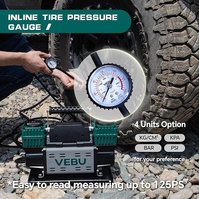 Heavy Duty Air Compressor 12V Tire Inflator, Dual Cylinder 125PSI with In-line Pressure Gauge, 10.6CFM Fast Inflation for Off-road Vehicles, Trucks, SUVs, RVs, ATVs, DC Power, Corded Electric