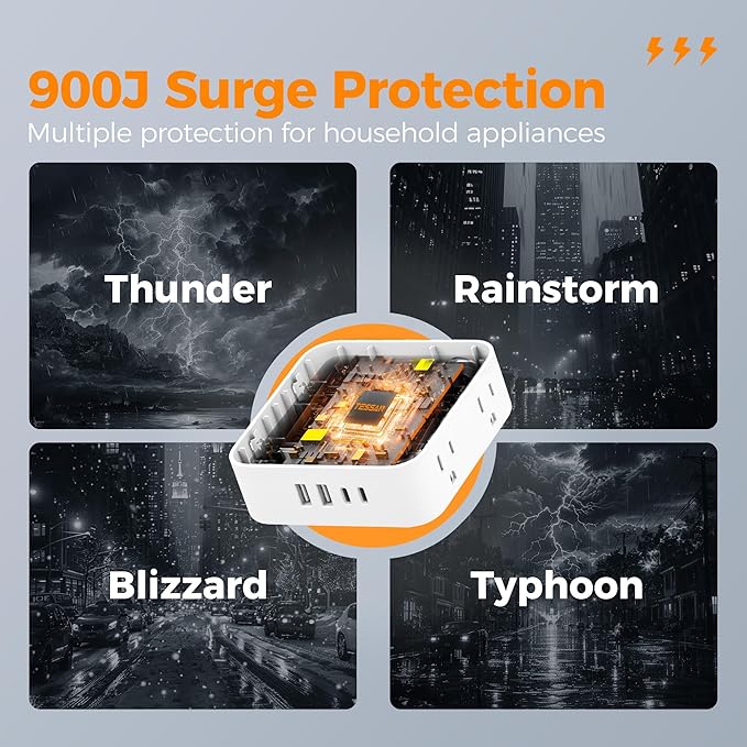 TESSAN Surge Protector Power Strip, 5 FT Extension Cord with Multiple Outlets Flat Plug, 4 USB (2 USB C) and 8 AC Outlets, 900 Joules Protection, Wall Mount Charging Station for Home, Office, Dorm