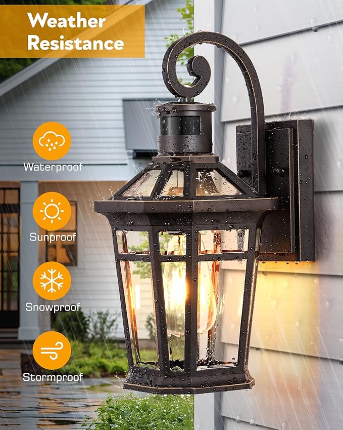 Motion Sensor Porch Lights Outdoor Wall Mount, Oil Rubbed Bronze Exterior Wall Sconce Lantern with E26 Socket, Waterproof Dusk to Dawn Outdoor Lighting Fixtures, Coach Lights for Garage, Patio
