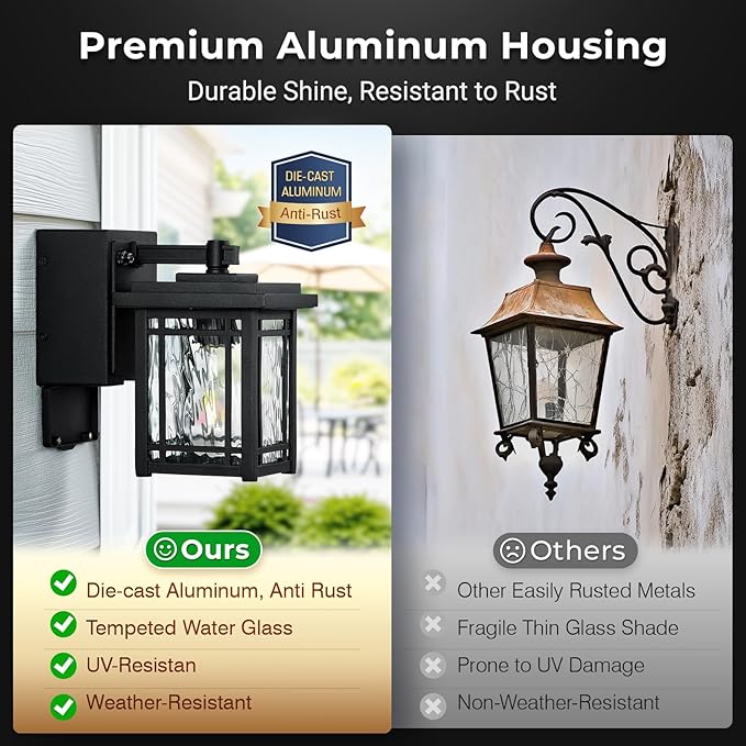 Porch Light with GFCI Outlet, Black Dusk to Dawn Outdoor Wall Light, Exterior Sconce Light Wall Mount, Waterproof Outdoor Garage Lighting Fixtures, Modern Outside Wall Lantern for House, Coach