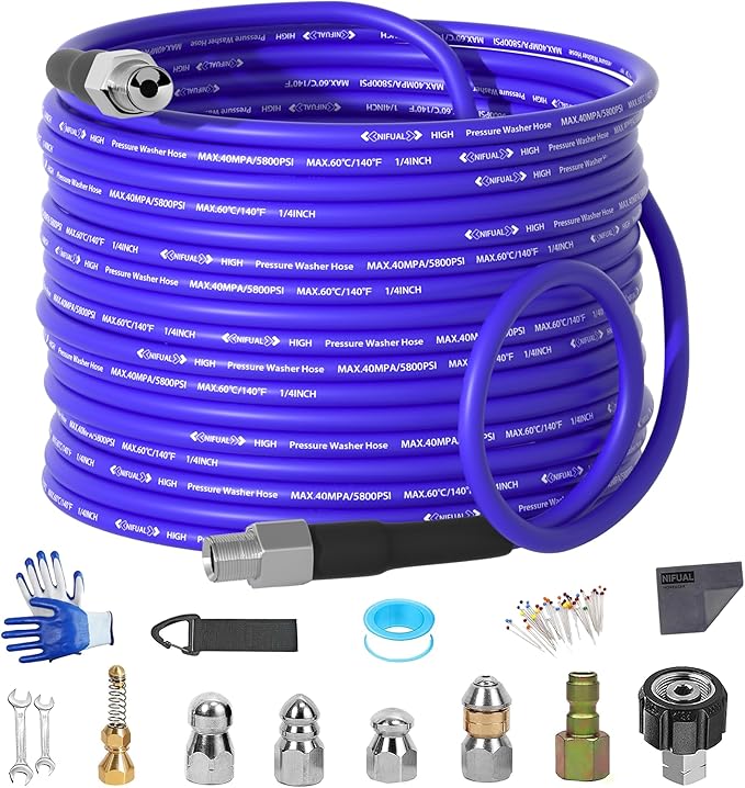 NIFUAL 50FT Sewer Jetter Kit for Pressure Washer, 5800PSI Drain Cleaner Hose 1/4 Inch NPT Corner, Rotating and Button Hose Sewer Jetting Nozzle Waterproof Tape Pearl Corsage Pin Spanner Glove