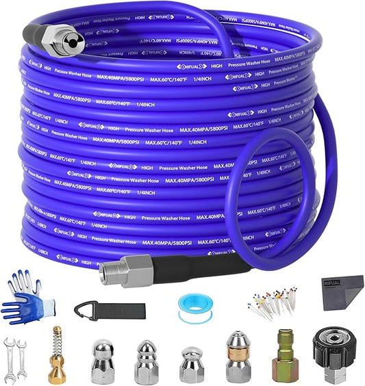NIFUAL 50FT Sewer Jetter Kit for Pressure Washer, 5800PSI Drain Cleaner Hose 1/4 Inch NPT Corner, Rotating and Button Hose Sewer Jetting Nozzle Waterproof Tape Pearl Corsage Pin Spanner Glove