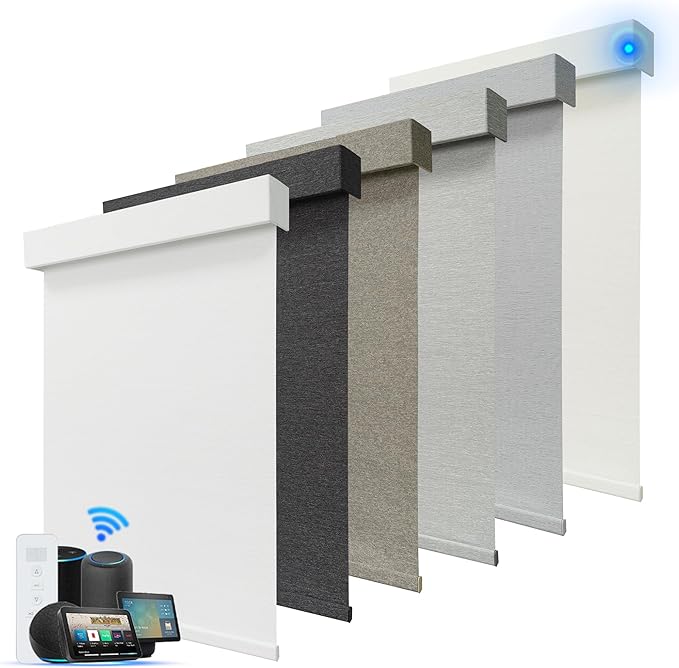 Motorized Blinds with Remote, Blackout Smart Roller Blinds Compatible with Apple Homekit Google Home and Alexa, Automatic Window Blinds Customize, White