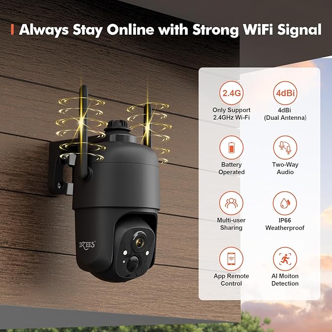 Dzees 360° PTZ WiFi Security Cameras Wireless Outdoor, 2K Battery Powered Home Security Camera Indoor, Spotlight & Siren, Color Night Vision, 2-Way Talk, AI Motion Detection, IP66, Cloud Stroage