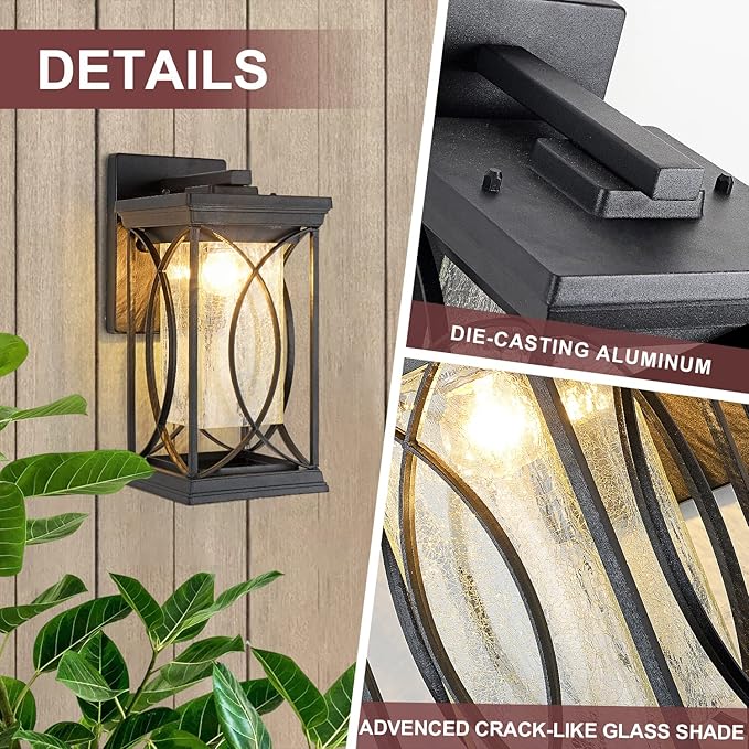 Dusk to Dawn Modern Outdoor Coach Lantern Exterior Light Fixtures Black Aluminum with Crack-Like Glass Waterproof Wall Sconce Mission Outside Light for House Front Porch Lighting