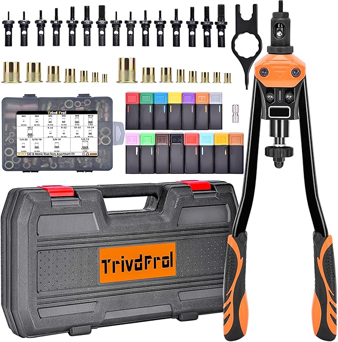 16" Rivet Nut Tool, Nutsert Rivet Nut Tool Kit with 15 Metric and SAE Mandrels, 281Pcs Rivet Nut Assortment Kit and Rugged Carrying Case