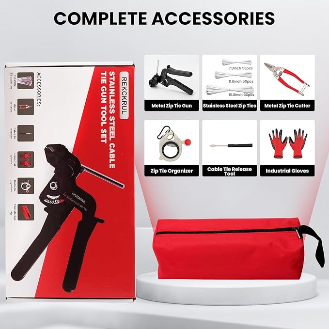 Stainless Steel Cable Tie Gun Set – Heavy Duty Metal Zip Tie Tool Kit - 150PCS Self-Locking Ties, Adjustable Fastening & Cutting Tool for Outdoor Fencing, Automotive, Exhaust Pipes (Black)