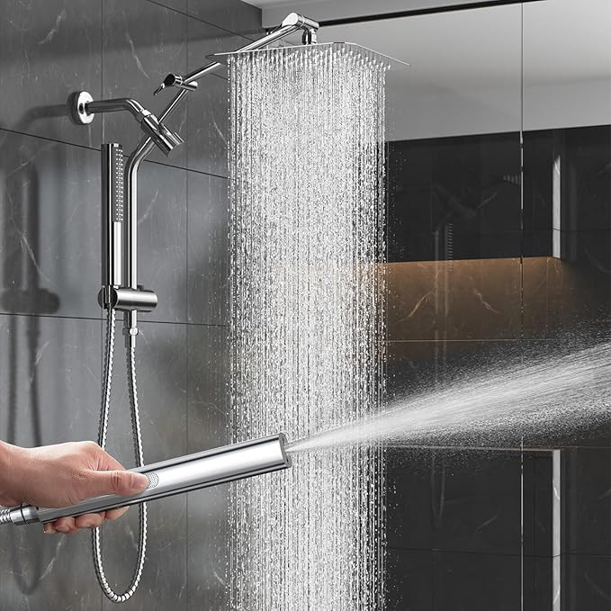 Veken 10" Luxurious All Metal Rain Shower Head with Handheld, High Pressure Rainfall Shower Heads wih Extension Arm, Wide Dual Showerhead with Spray Combo, Bathroom Accessories, Chrome, Silver