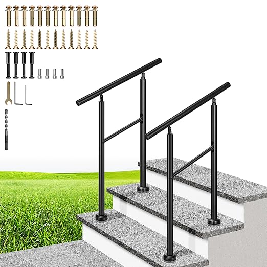 VIVOHOME 2-Pack 2 Step Hand Rails for Outdoor Steps, Galvanized Steel Railing, Black Round Exterior Handrails for Porch, Deck, or Indoor Stairs, Complete Installation Kit