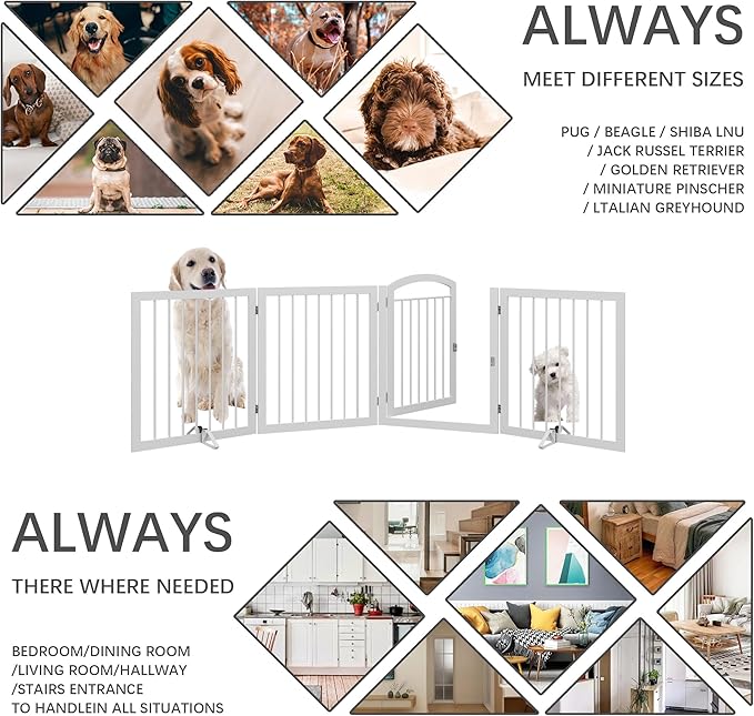 JSB 96-inch Extra Wide 30-inch Tall Dog gate with Door Walk Through, Freestanding Round Tube Pet Gate for Halls Stairs, Puppy Safety Dog Fence with 2PCS Support Feet (White)