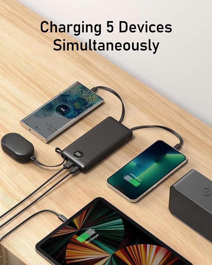 VEEKTOMX Portable Charger Built-in Cables,10000mAh Power Bank for iPhone,Fast Charge USB C Battery Pack Travel Essentials Powerbank Compatible with iPhone 17/16/15/14, Samsung S25/24, Android, etc