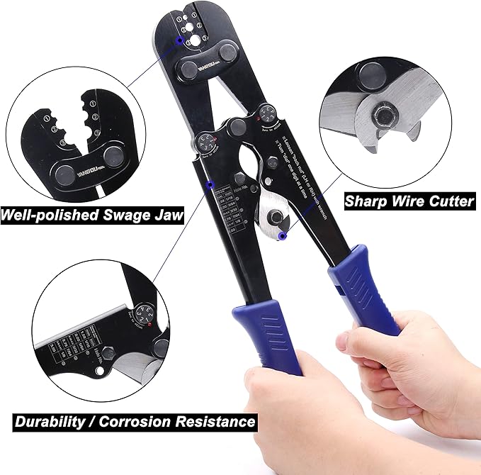 Yangoutool Wire Rope Cutting and Crimping Tool Sheet Metal Crimper Swaging Tool for Aluminum Oval and Double Barrel Stop Ferrule Loop Sleeves 1/16 to 1/8 Inches Cable End Hanging Ring Fixing Plier