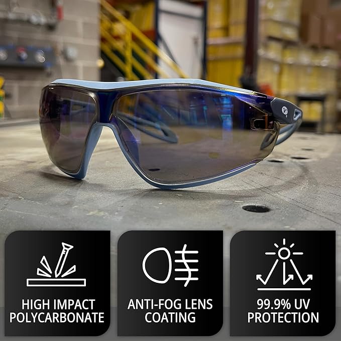 Veratti Encounter Safety Glasses, Anti-Fog Blue Mirror Lens, ANSI Z87.1 Certified Eyewear, Dielectric Blue Frame