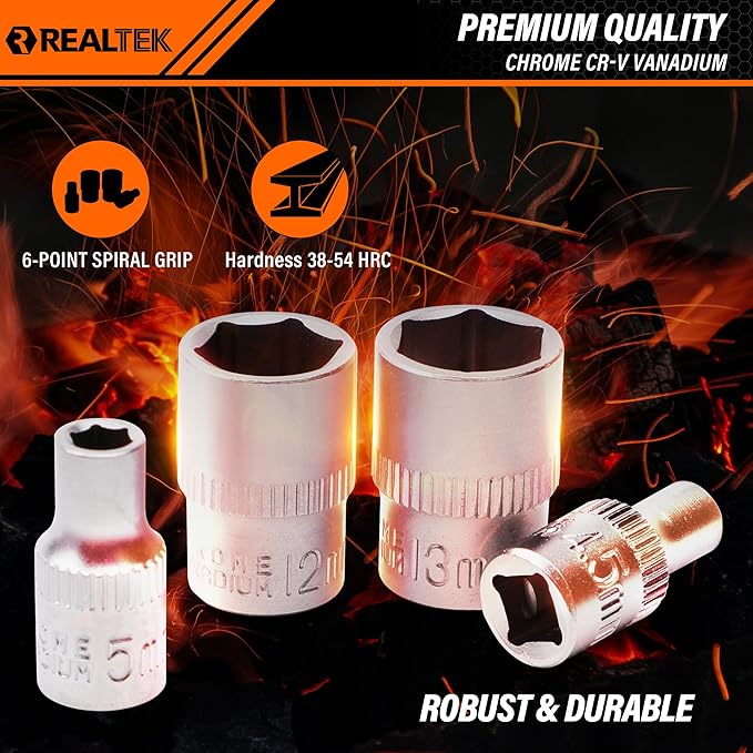 REALTEK 66 Pieces 1/4 inch Drive Socket Set, Ratchet Set with 72 Tooth Reversible Ratchet & Bit Socket Set, Professional Tool Set for Auto Repairing and Household