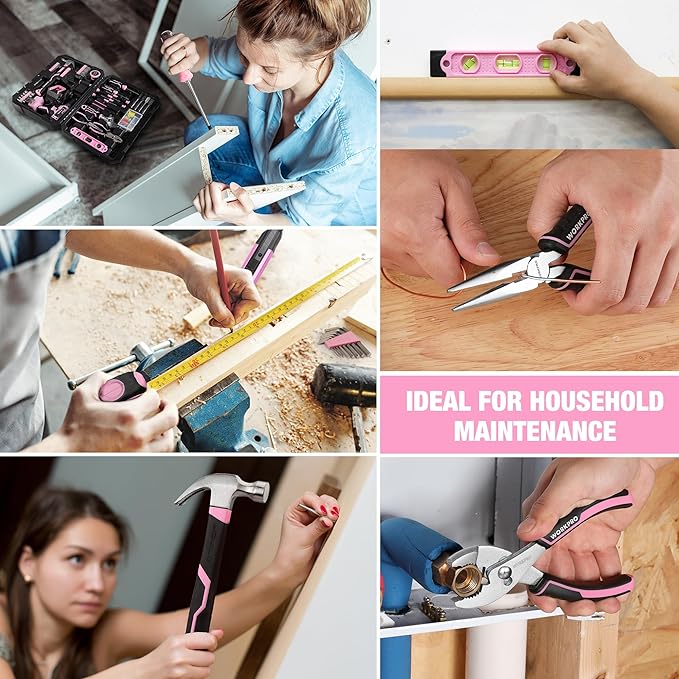 WORKPRO 20V Pink Cordless Drill Driver and Home Tool Set, 141PCS Hand Tool Kit for DIY, Home Maintenance, 2.0 Ah Li-ion Battery, 1 Hour Fast Charger, and Tool Box Included - Pink Ribbon