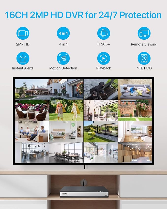 ZOSI H.265+ 1080p 16 Channel Home Security Camera System, 16CH DVR with AI Human Vehicle Detect, 12 x 1080p Surveillance Camera Outdoor, 120ft Night Vision, 105°Wide Angle, Remote Access, 4TB HDD