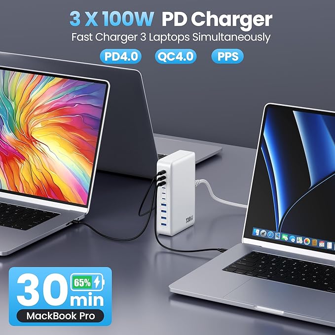 730W USB C Charger Block,10-Ports GaN V Fast Charging Station Hub,QC4.0+Three PD 100W Laptop Charger Wall Power Adapter for MacBook Pro/Air,DELL,iPhone 16/15/14,iPad,Galaxy S25,Pixel,Steam Desk etc