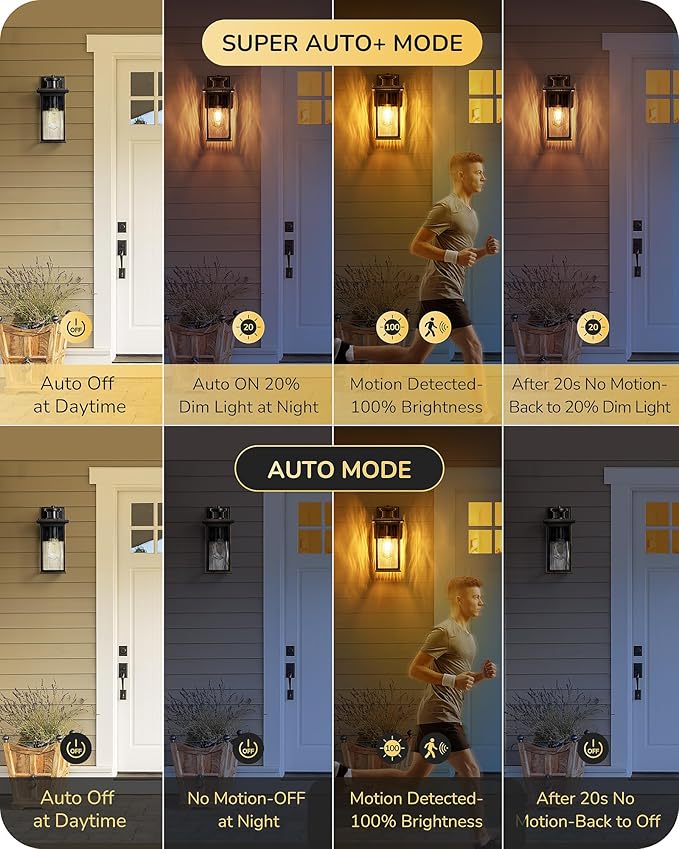 EDISHINE Motion Sensor Outdoor Wall Lights, Dusk to Dawn Exterior Lighting Fixtures, Front Porch Light with Clear Water Ripple Glass, Outdoor Wall Lantern for House, Garage, Black