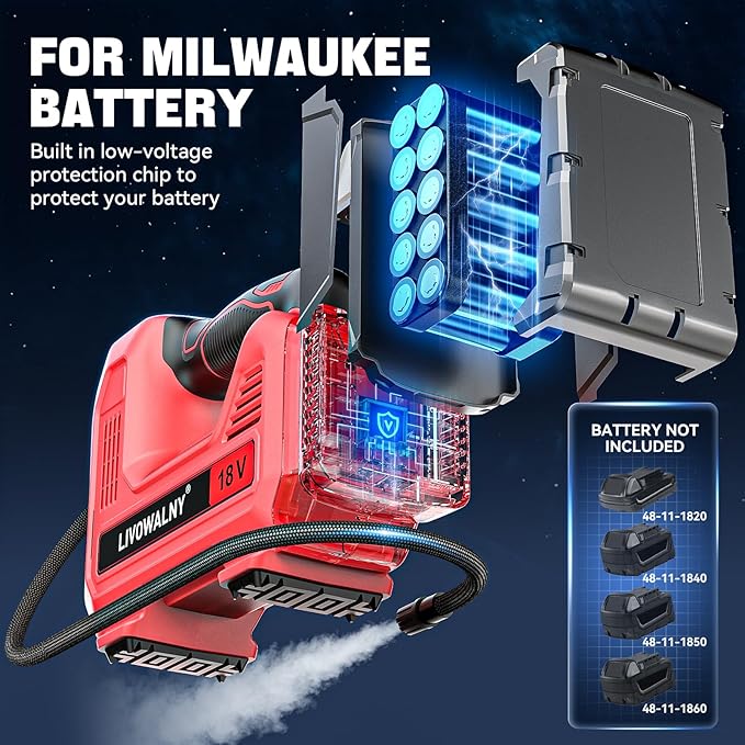 Cordless Tire Inflator Air Compressor Compatible With Milwaukee 18V Battery, LIVOWALNY Portable Handheld Air Pump with Digital Pressure Gauge for Cars Motorcycles Bikes Sport Balls (No Battery)