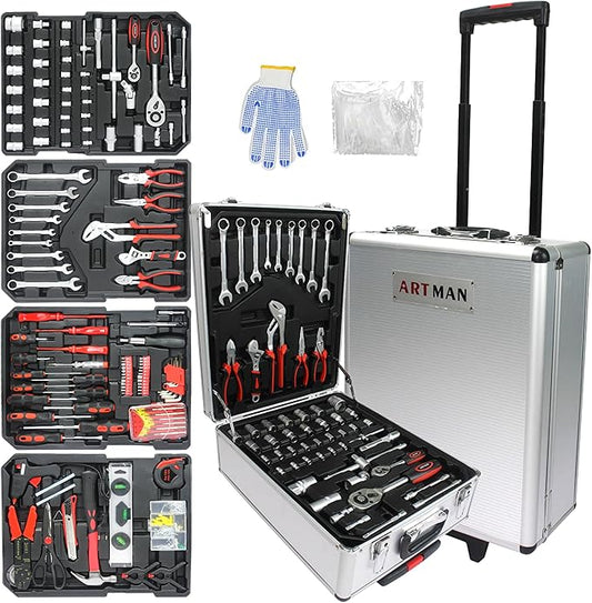 RYH 899pcs All-in-One Professional Tool Set & Rolling Tool Box Set - 4 Drawer Organizer Storage Case - Complete Home, Auto, Mechanic Tool Kit for DIY, Homeowner, Handyman Tool Set (Silver)