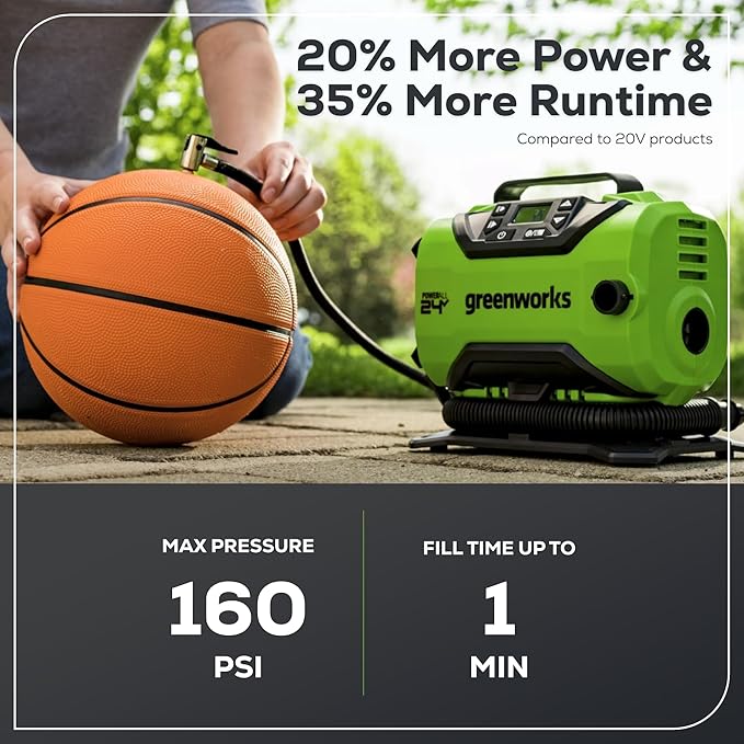 Greenworks 24V Cordless Tire Inflator, 160 PSI Portable Air Compressor, 2 Power Sources, Auto Shut Off, for Car, Bicycle, Motorcycle, Air Boat, Inflatables With 2.0 Ah Battery & 2A Fast Charger