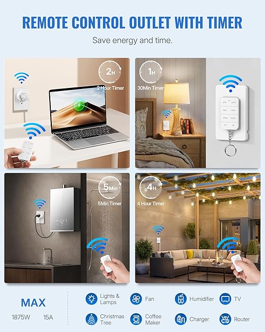 Remote Control Outlet with Timer, WILAWELS Indoor Outlet Timer with Remote, 100FT Wireless Control Range, 15A/1875W, Remote Outlet Switch Countdown Time for Household Appliances W13RC1106