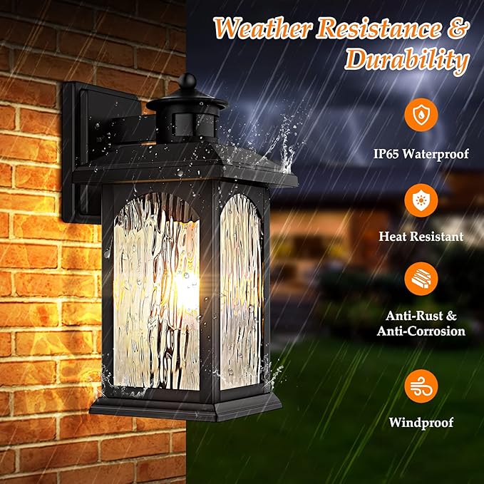 2 Packs Motion Sensor Outdoor Wall Lantern, Dusk to Dawn Outdoor Lighting, Black Porch Lights Fixture & Outside Wall Mount with Rippled Glass, Exterior Sconce Light for Front Patio Garage Entryway