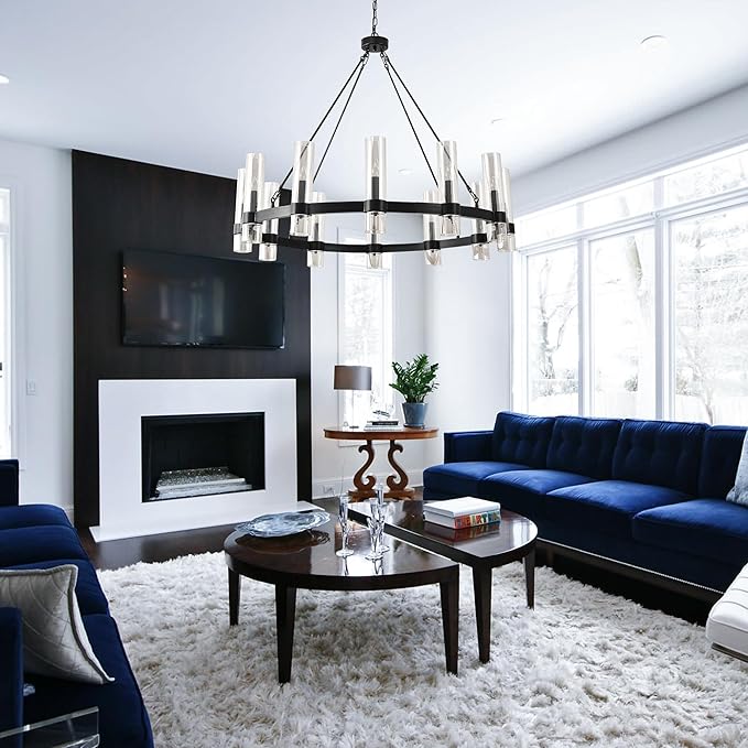 43 Inch Black Wagon Wheel Chandelier, 12 Lights, with Brown GlassShade, Large Hanging High Ceilings Chandeliers for Dining Room KitchenFoyer En