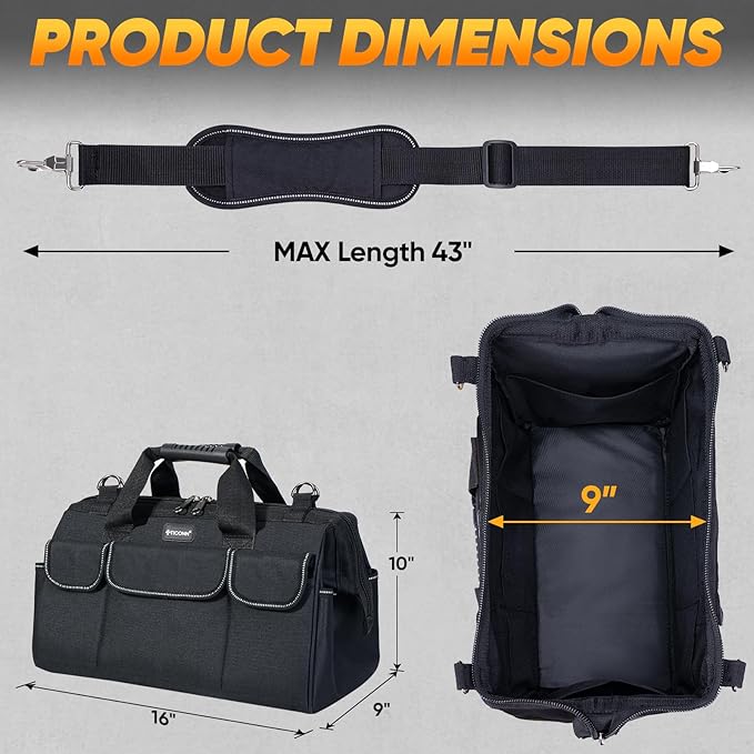 TICONN Heavy Duty Tool Bag with Multi-Pockets, Portable Tool Box Organizer Storage Bag, with Adjustable Shoulder Strap and Ergonomic Handle (Black, 16" Standard Base)