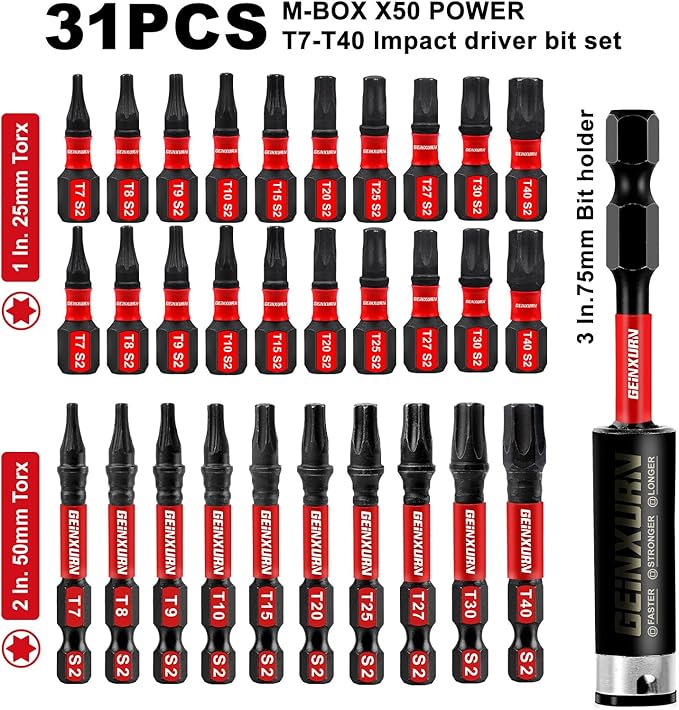 30 Pieces (T7-T40) Impact Screwdriver Bit Set, Magnetic Multi-Torx Head Power Bits,S2 Alloy Steel Star Bits with 1 Pc Impact Bit Holder and Storage M-Box