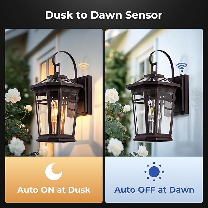 VIANIS Large Exterior Lighting Fixtures with Dawn to Dusk Sensor, Oil-Rubbed Bronze Front Porch Light, Waterproof ORB Outdoor Light Fixture, Aluminum Outside Wall Sconce for Garden, Entryway, Doorway