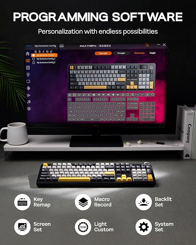 EPOMAKER X Aula F108 PRO Wireless Gaming Keyboard with Screen, 8000mAh Battery, 104 Hot-Swappable and Programmable Keys and Knob, RGB Backlight, for Mac/PC/Android (Grey&Yellow)