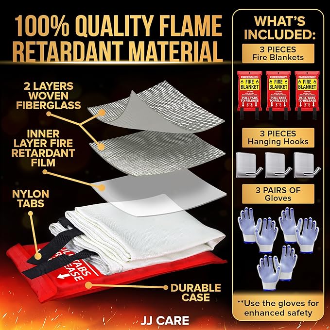 JJ CARE Fire Blanket – 3 Packs with Hooks and Gloves – Emergency Fire Blanket for Home & Kitchen, High Heat Resistant Fire Suppression Blankets for Home Safety, Kitchen, and Camping