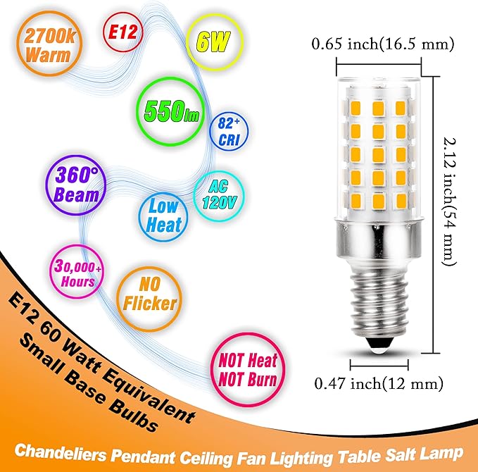 E12 Candelabra LED Light Bulbs 60 Watt Equivalent 6W 2700K Warm White 550lm Non-dimmable 120 Volt C7 T6 E12 Small Base for Chandeliers Pendant Ceiling Fan Lighting Table Salt Lamp, 4 Pack