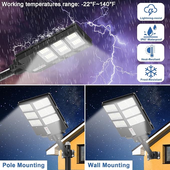 Solar Street Lights Outdoor, 4000W Solar Flood Lights Motion Sensor 450000LM Dusk to Dawn Parking Lot Light 2Pack