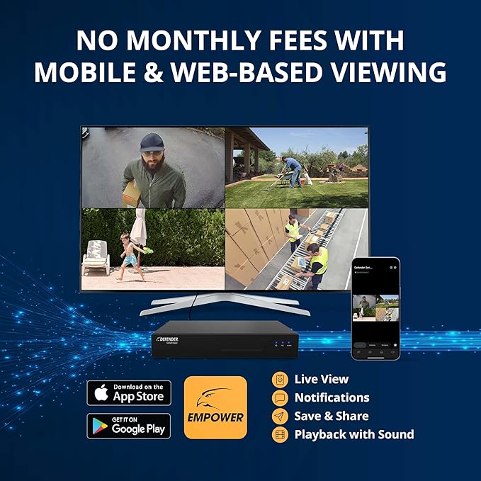 Defender Exclusive Bundle: AI Powered Sentinel 4K Wired Security Camera System, 360° PTZ Security Camera System, AI Tracking, Human Detection, Blue/Red Lights, Color Night Vision | 4 Cameras 1TB