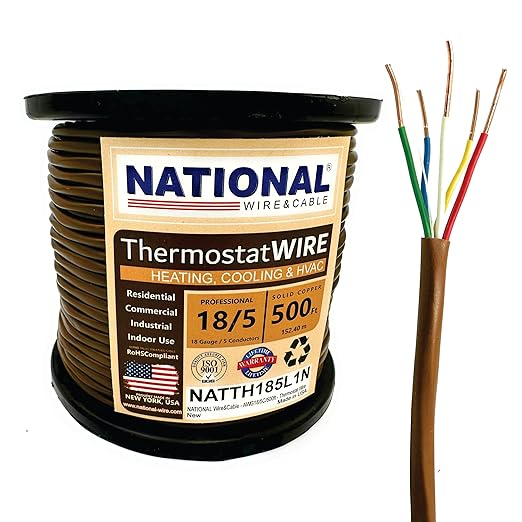 18/5 500Ft. NATIONAL Wire&Cable Thermostat Doorbell HVAC Heating Control Professional Cable Wire - Made in USA - 100% Solid Copper Conductors, CL2 ETL Listed, Low Voltage Applications Use
