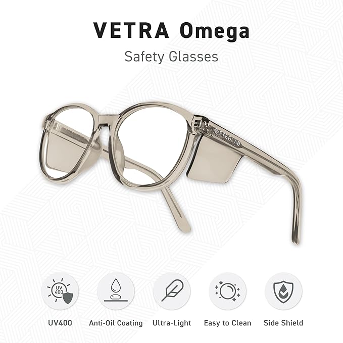 VETRA Omega Z87+ Safety Glasses UV400 Side Shield Anti-Oil Coating CP Frame Eyewear