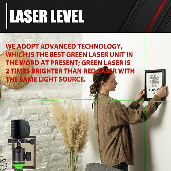 Laser Level,100ft/30m Self-Leveling Laser Level,Green Cross Line Laser,Vertical and horizontal lines,3 Brightness Adjustment,Rotates 360 Degrees,Includes a Carrying Pouch and Battery IP54 Waterproof
