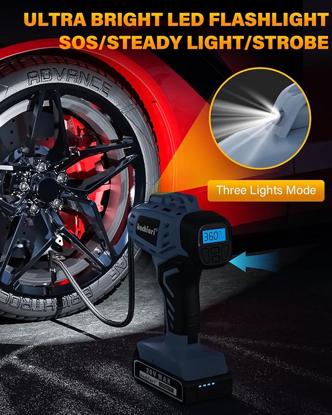 Tire Inflator Portable Air Compressor, 20V Cordless Car Tire Pump, Rechargeable Battery Powered Air Compressor w/12V DC Adapter Grey